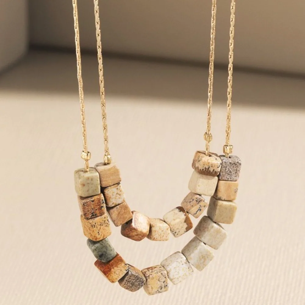 SOLD OUT Picture Jasper Cube Natural Stone Double Layer Necklace - Picture 1 of 4